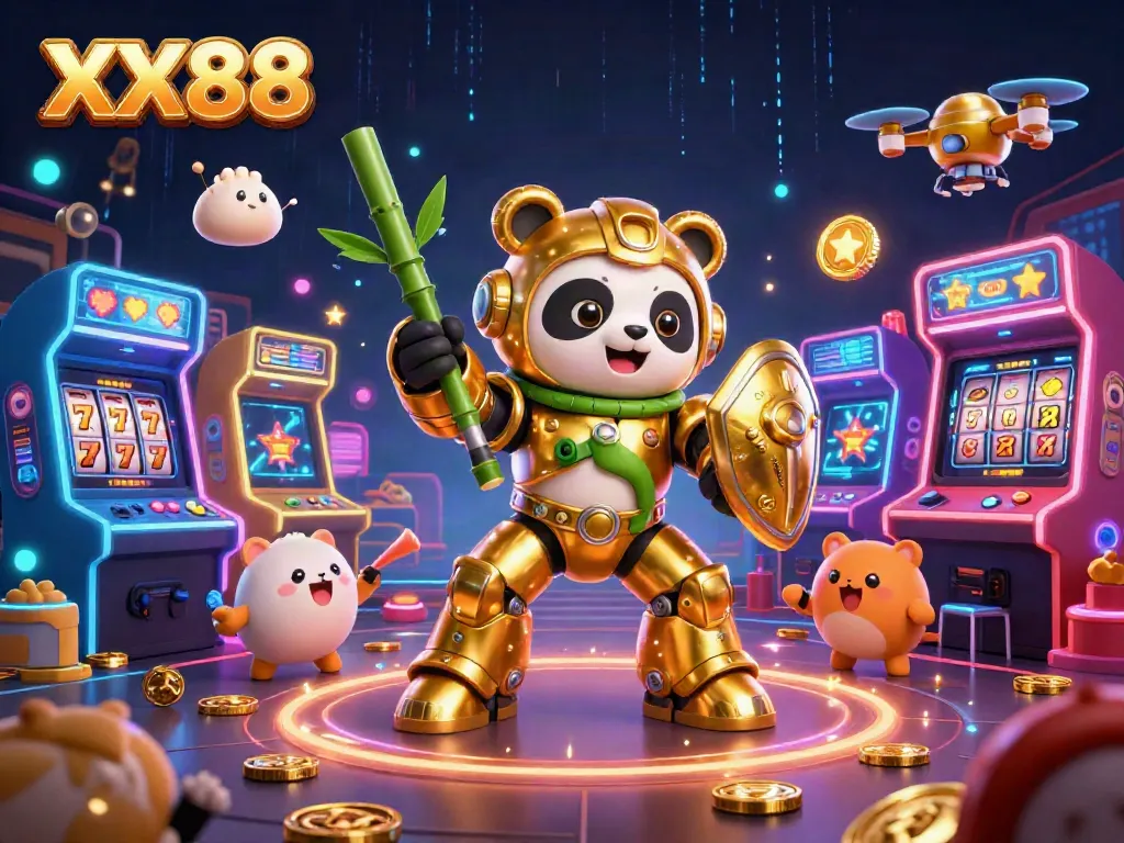 Engage in vibrant gaming action at XX88 with a thrilling illustration of a dynamic casino arena featuring a golden panda hero.